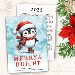 Cute Christmas Merry & Bright Ice Skating Penguin Holiday Card<br><div class="desc">This personalised cute Christmas card features a cheerful ice skating penguin in a red Santa hat, scarf and figure skates on a snowy blue watercolor background. A "Merry & Bright" saying and template text for greetings, family name and a year are on the card's front side; the backside features a...</div>