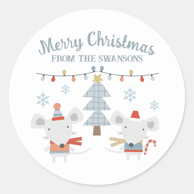 Cute Christmas Mice and Tree Classic Round Sticker (Front)