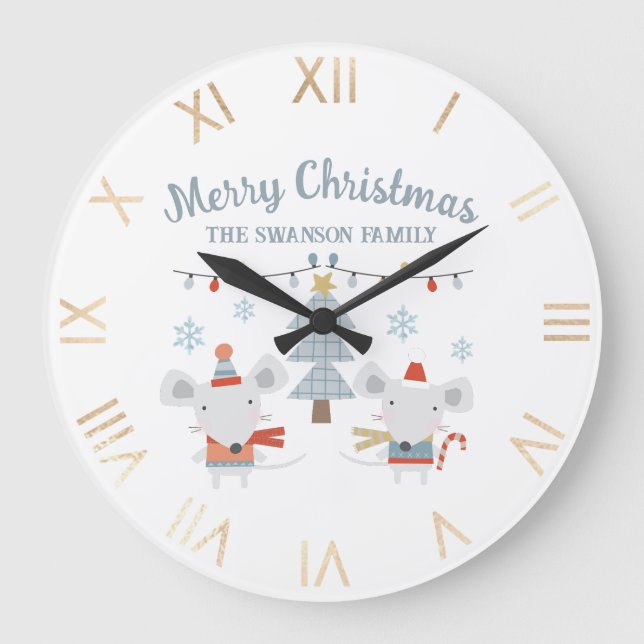 Cute Christmas Mice and Tree Large Clock (Front)