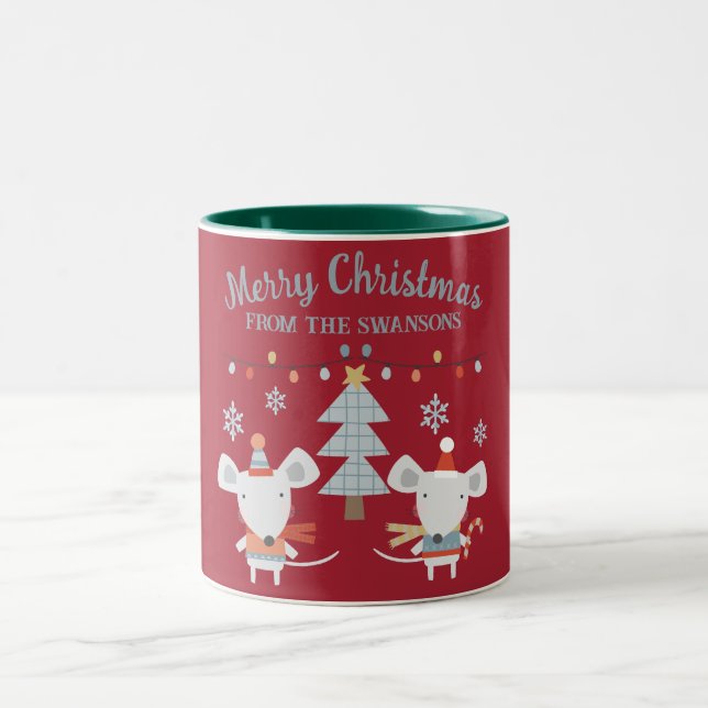 Cute Christmas Mice and Tree on Burgundy Red Two-Tone Coffee Mug (Center)