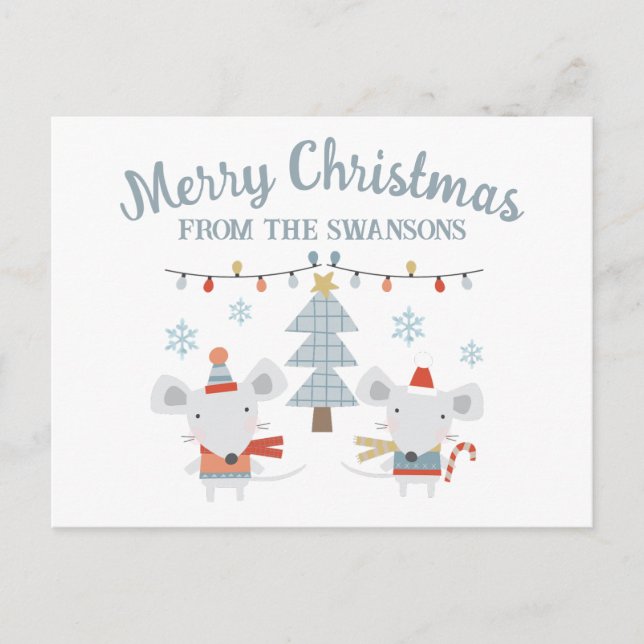 Cute Christmas Mice and Tree Postcard (Front)