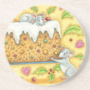 Cute Christmas Mice Carrying a Fruit Cake Dessert Coaster