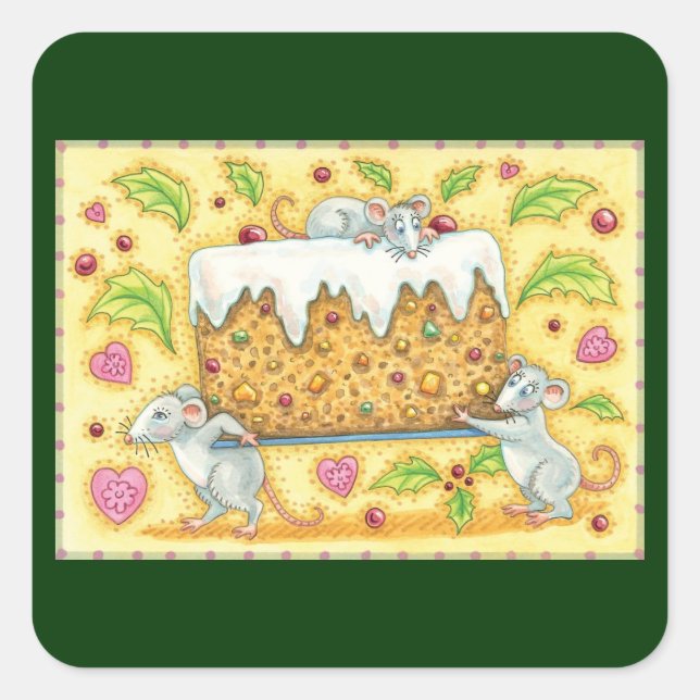 Cute Christmas Mice Carrying a Fruit Cake Dessert Square Sticker (Front)