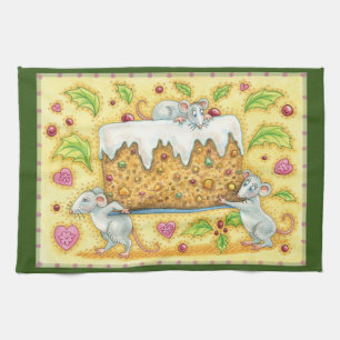 Cute Christmas Mice Carrying a Fruit Cake Dessert Tea Towel