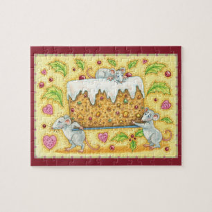 Cute Christmas Mice Carrying a Fruitcake Dessert Jigsaw Puzzle