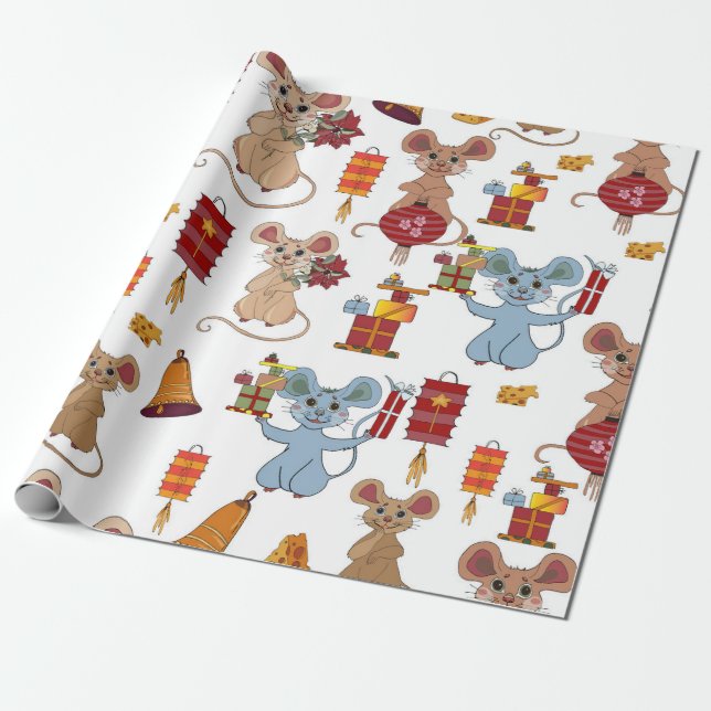 Cute Christmas Mice Pattern Wrapping Paper (Unrolled)