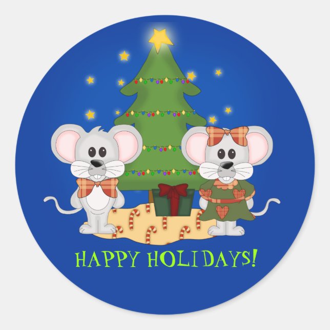 Cute Christmas Mice with Customisable Text Classic Round Sticker (Front)