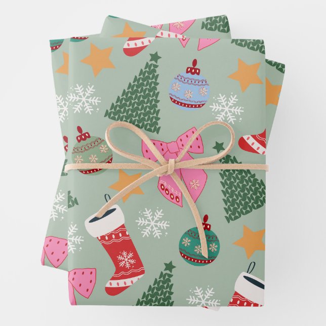 Cute Christmas Mint Green Wrapping Paper Sheet (In situ)