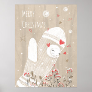 Cute Christmas Mitten Snow Kitten Modern Drawing Poster
