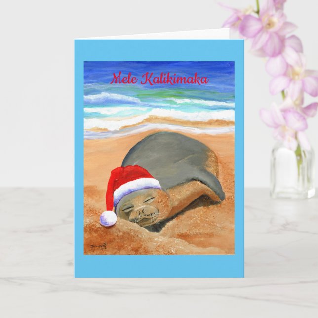 Cute Christmas Monk Seal Mele Kalikimaka Card (Orchid)