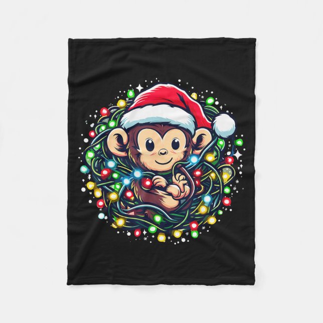 Cute Christmas Monkey Santa Hat Lights Monkey Wome Fleece Blanket (Front)