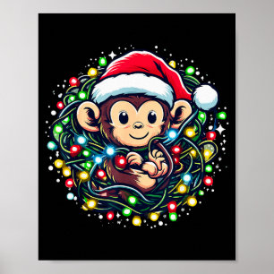 Cute Christmas Monkey Santa Hat Lights Monkey Wome Poster