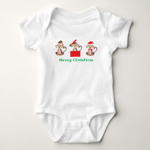 Cute Christmas Monkeys Santa Elf Present Red Green Baby Bodysuit