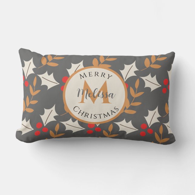 Cute Christmas Monogram Grey/Grey Holly Mistletoe Lumbar Cushion (Front)