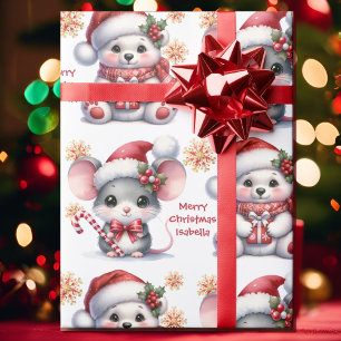 Cute Christmas Mouse Bear Personalize Name Kids Wrapping Paper