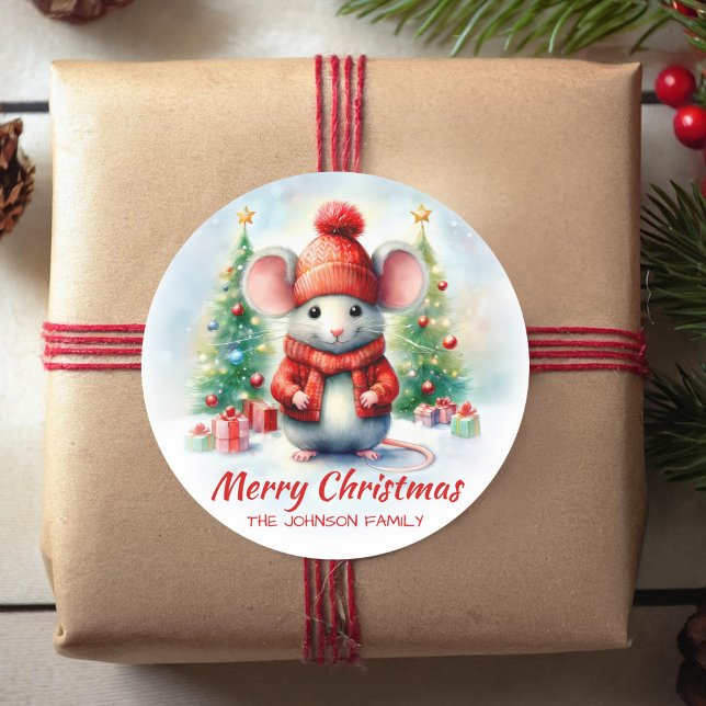 Cute Christmas Mouse  Classic Round Sticker (Creator Uploaded)