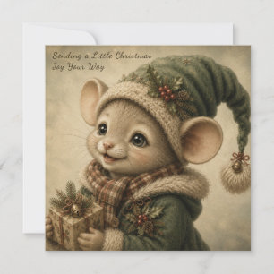 Cute Christmas Mouse Holding a Gift Holiday Card