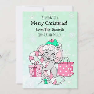 Cute Christmas Mouse Holding Candy Cane Holiday Card