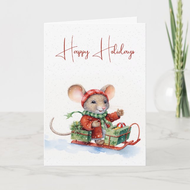 Cute Christmas Mouse On A Sled Card (Front)