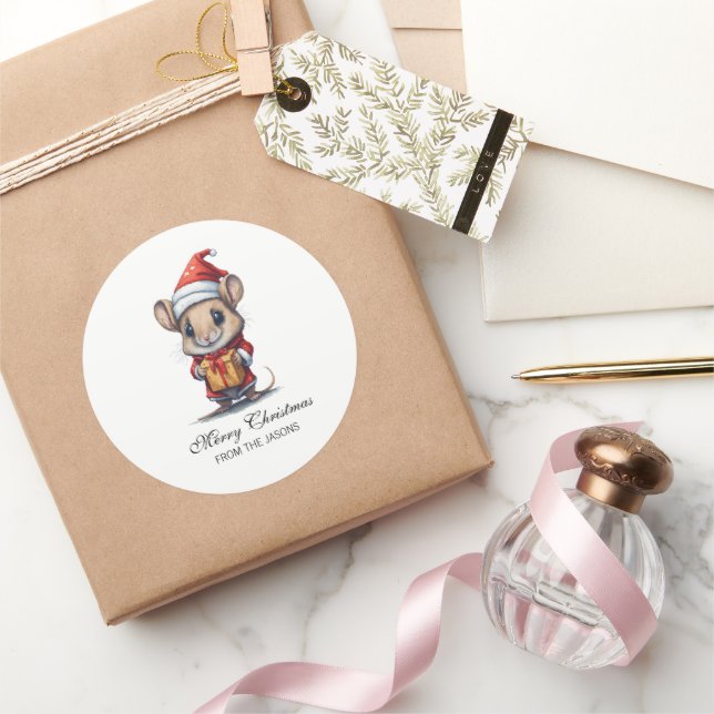 Cute Christmas Mouse Personalised Classic Round Sticker (Gifting)