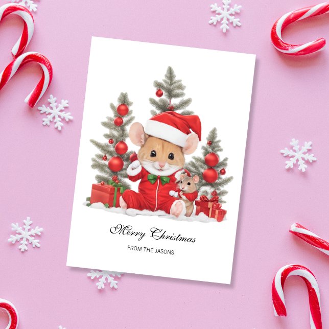 Cute Christmas Mouse with Red Hat Personalised Holiday Card (Cute Christmas Mouse with Red Santa Hat Holiday Card)