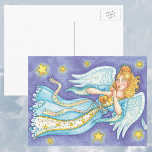 Cute Christmas, Musician Angel Playing Her Horn Holiday Postcard