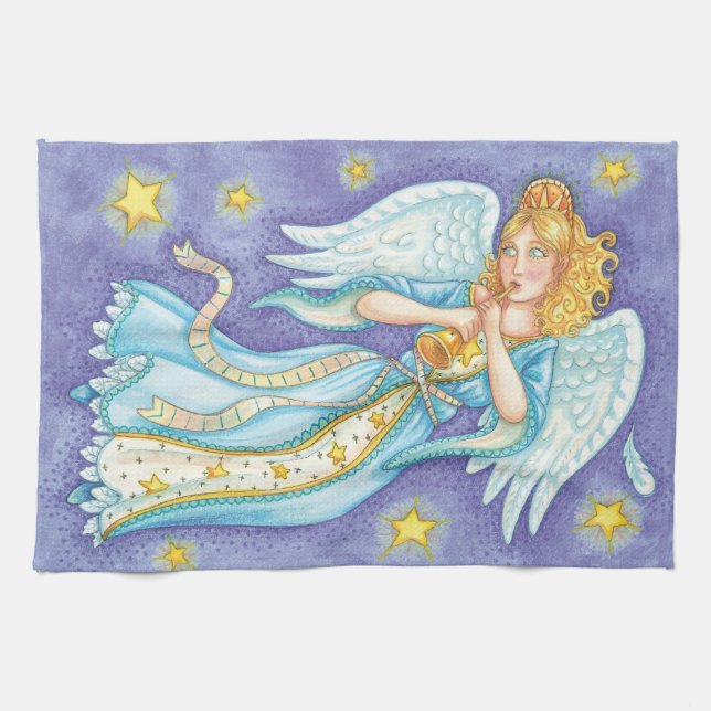 Cute Christmas, Musician Angel Playing Her Horn Tea Towel (Horizontal)