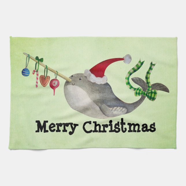 Cute Christmas Narwhal Tea Towel (Horizontal)