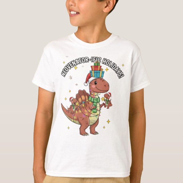 Cute Christmas Neovenator Family – Festive Dino Ho T-Shirt (Front)