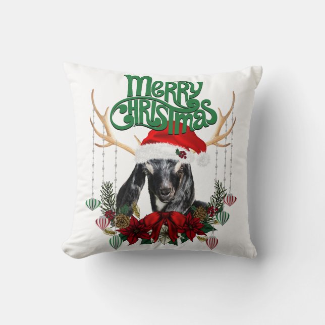 Cute Christmas Nubian Goat with Antlers and Wreath Cushion (Front)