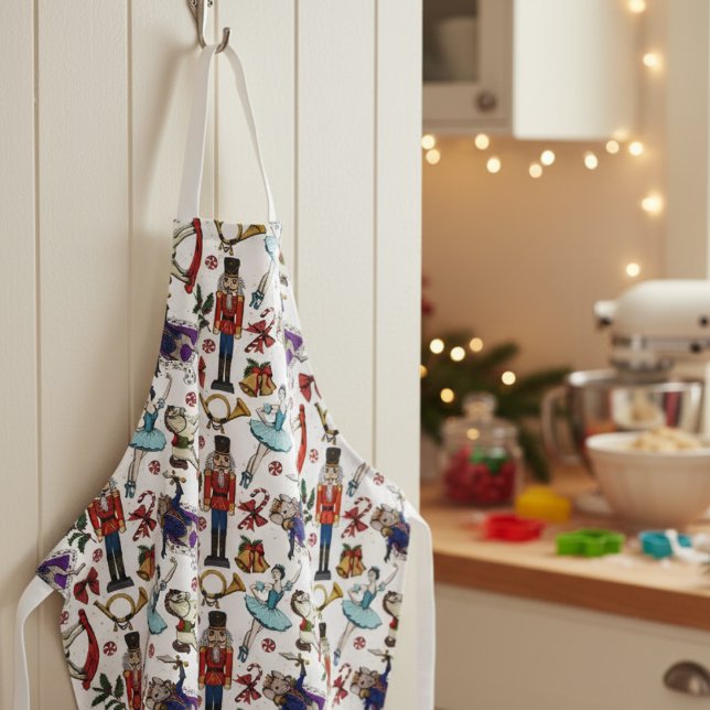 Cute Christmas Nutcracker Ballet Pattern Apron (Festive Nutcracker Ballet Christmas Holiday Baking Apron for Her. Whimsical Rust Hand Drawn Pattern)