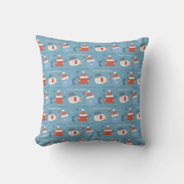 Cute Christmas Ocean Animals Fish Crab Blue Red Cushion (Front)