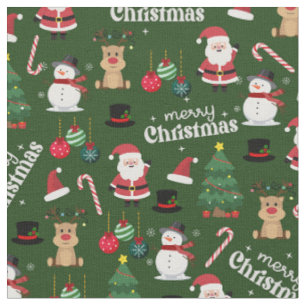 Cute Christmas On Forest Green Fabric