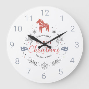 Cute Christmas ornament Typography & animals Large Clock