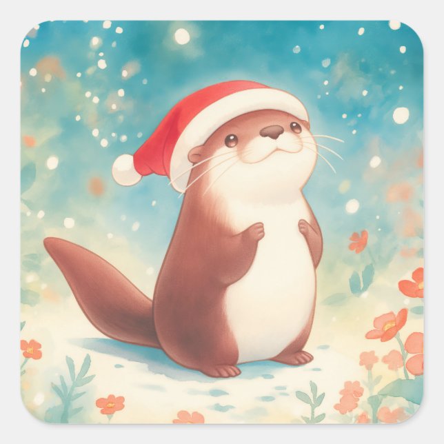 Cute Christmas Otter Sticker with Santa Hat (Front)