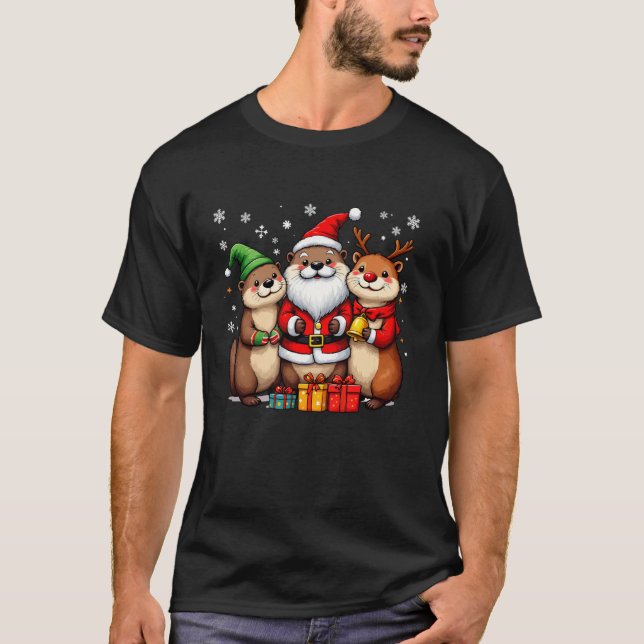 Cute Christmas Otters in Santa Elf and Reindeer Co T-Shirt (Front)