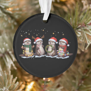 Cute Christmas Otters in Santa Hats Funny Animal  Ornament