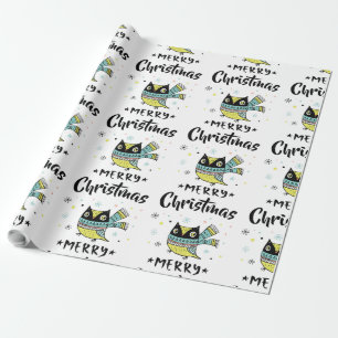 Cute Christmas Owl & Black Typography Wrapping Paper