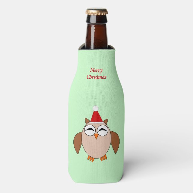 Cute Christmas Owl Custom Bottle Cooler (Bottle Front)