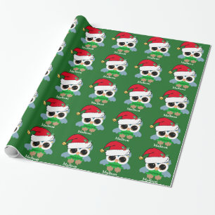 Cute Christmas Owl Custom Green Wrapping Paper