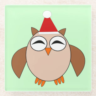 Cute Christmas Owl Glass Coaster
