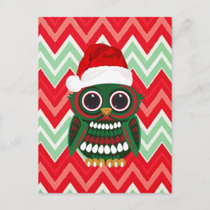 Cute Christmas Owl Green White Red Zigzag Holiday Postcard
