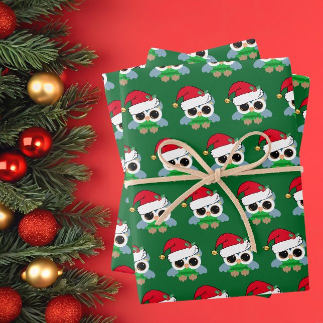 Cute Christmas Owl Green Wrapping Paper Sheet (Creator Uploaded)