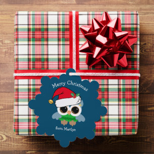 Cute Christmas Owl in Santa Hat Custom Blue Tree Decoration Card