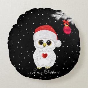 Cute Christmas Owl on Black Round Cushion