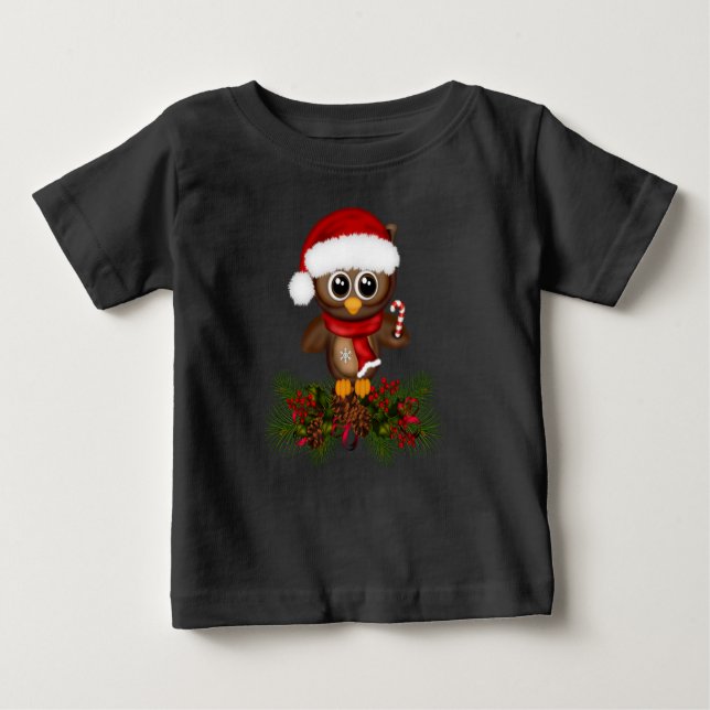 Cute Christmas Owl On Pine Branch Baby Shirt (Front)