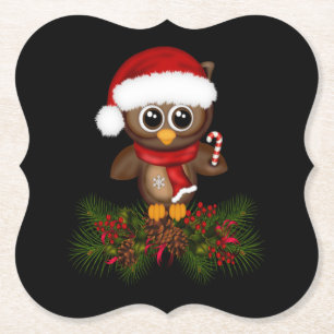 Cute Christmas Owl On Pine Branch Coaster