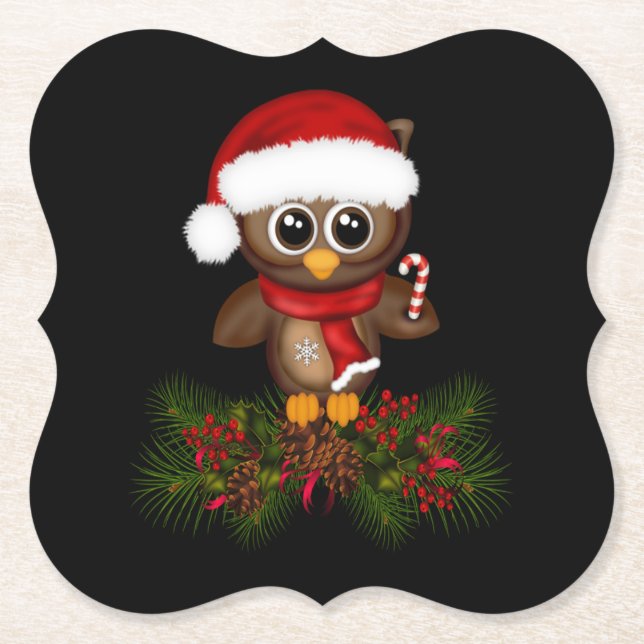Cute Christmas Owl On Pine Branch Coaster (Front)