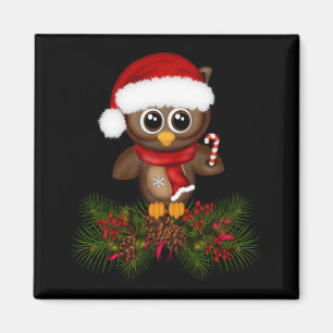 Cute Christmas Owl On Pine Branch Magnet