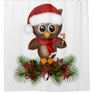 Cute Christmas Owl On Pine Branch Shower Curtain